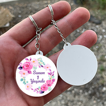 Pembe Gül Çerçeve Temalı Daire Plastik Anahtarlık