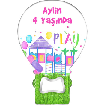 Pembe ile Lila Oyun Parkı Temalı Balon Ahşap Magnet 