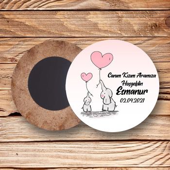 Pembe Kalp Balonlu Filler Temalı Daire Ahşap Magnet