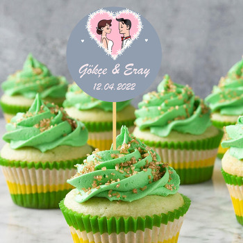 Pembe Kalp İçerisinde Gelin Damat Temalı Parti Kürdan Süs