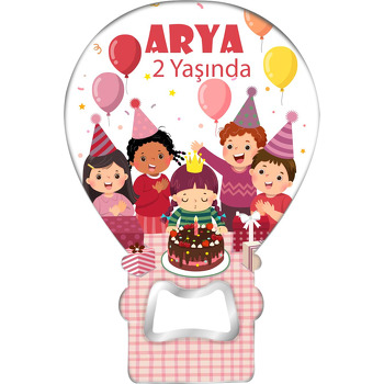 Pembe Kareli Desende Kız Çocuk Partisi Temalı Balon Ahşap Magnet 