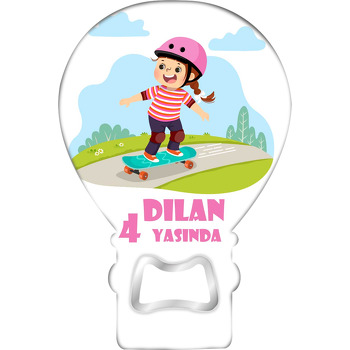 Pembe Kasklı Kaykaycı Kız Temalı Balon Ahşap Magnet 
