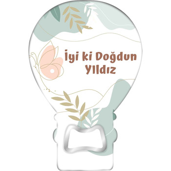 Pembe Kelebek ile Yeşil Yaprak Desen Temalı Balon Ahşap Magnet 