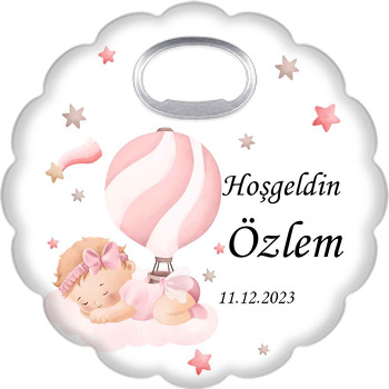 Pembe Kurdelalı Bebek Bulutta Uyuyor Temalı Çiçek Şekilli Magnet Açacak
