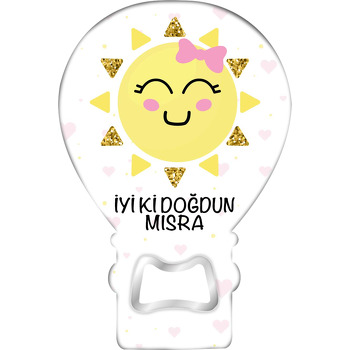 Pembe Kurdeleli Güneş Temalı Balon Ahşap Magnet 