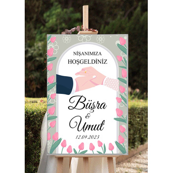 Pembe Laleler ile Gelin Damat Elleri Temalı Söz Nişan Nikah Dekota Karşılama Panosu