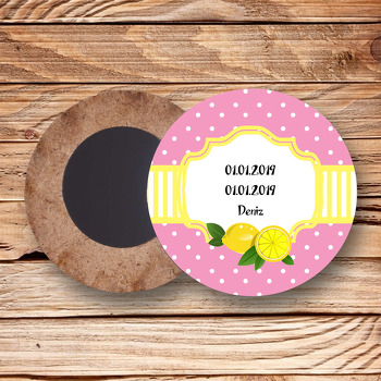 Pembe Limon Temalı Ahşap Daire Magnet
