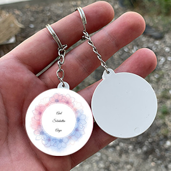 Pembe Mavi Çiçek Temalı Söz Nişan Nikah Daire Plastik Anahtarlık