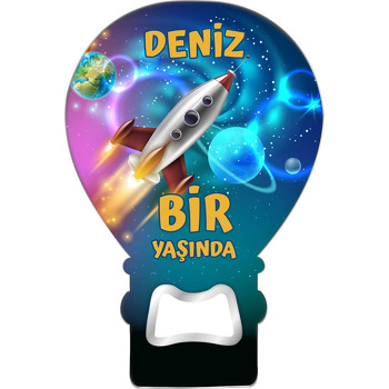 Pembe Mavi Işıltılı Galaksi ile Uzay Gemisi Temalı Balon Ahşap Magnet 