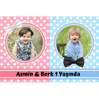 Pembe Mavi Puantiyeli Fon ile İkiz Temalı Doğum Günü Plastik Magnet