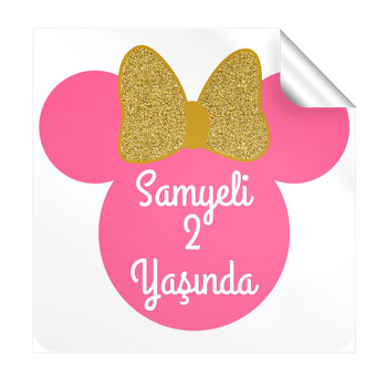 Pembe Minnie Mouse Silüet ile Gold Simli Kurdele Temalı Kare Parti Etiket