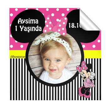 Pembe Minnie Mouse Temalı  Kare Etiket
