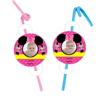 Pembe Minnie Mouse Temalı Resimli Pipet ve Kartı