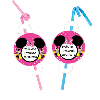 Pembe Minnie MouseTemalı Pipet ve Kartı