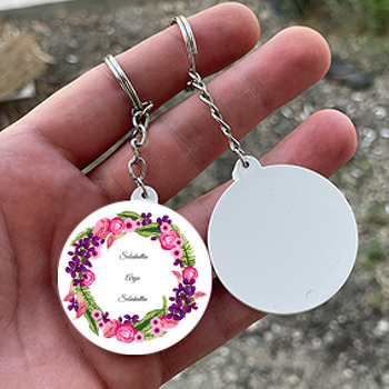 Pembe Mor Çiçekler Temalı Söz Nişan Nikah Daire Plastik Anahtarlık