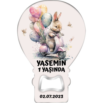 Pembe Motorlu tavşan ile Balonlar Temalı Balon Ahşap Magnet 