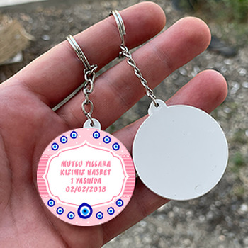 Pembe Nazar Boncuğu Temalı Daire Plastik Anahtarlık