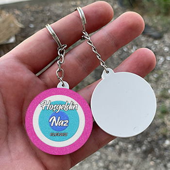 Pembe Nazar Boncuğu Temalı Daire Plastik Anahtarlık