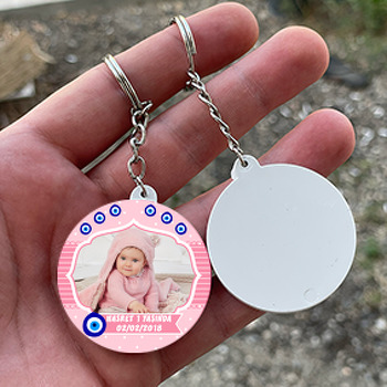 Pembe Nazar Boncuğu Temalı Resimli Daire Plastik Anahtarlık