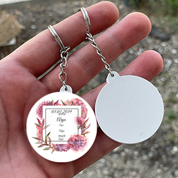 Pembe Ortanca Temalı Söz Nişan Nikah Daire Plastik Anahtarlık