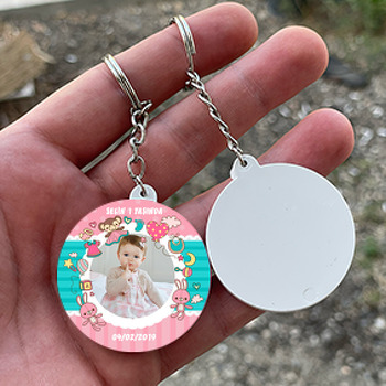 Pembe Oyuncak Tavşan Temalı Resimli Daire Plastik Anahtarlık