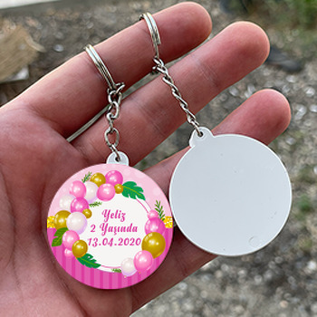 Pembe Parlak Balonlar Temalı Daire Plastik Anahtarlık