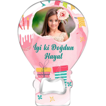 Pembe Pasta ile Hediye Kutuları Temalı Balon Ahşap Magnet 
