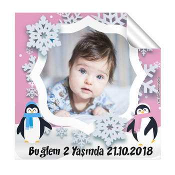 Pembe Penguen Temalı Doğum Günü  Kare Etiket