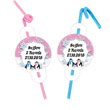 Pembe Penguen Temalı Pipet ve Kartı