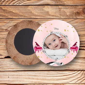 Pembe Piyano Temalı Resimli Ahşap Daire Magnet