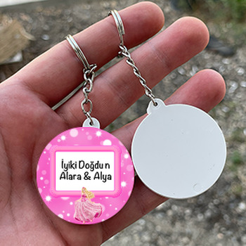 Pembe Prenses Temalı Daire Plastik Anahtarlık