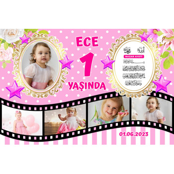 Pembe Puantiye Fonda Çiçekler ile Film Şeridi Temalı Nazar Dualı Plastik Magnet