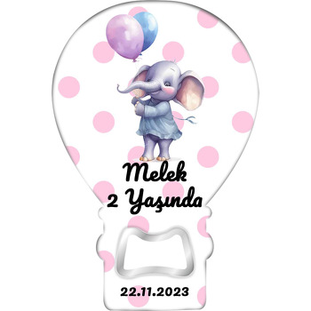 Pembe Puantiyeli Fil ile Balonlar Temalı Balon Ahşap Magnet 