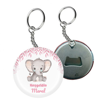 Pembe Puantiyeli Fil ile Yapraklar Temalı Arkası Açacak Anahtarlık