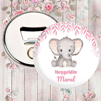 Pembe Puantiyeli Fil ile Yapraklar Temalı Magnet Açacak