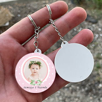 Pembe Puantiyeli Temalı Daire Plastik Anahtarlık