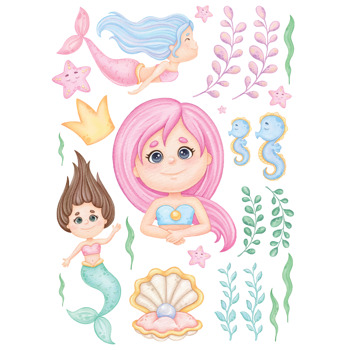 Pembe Saçlı Denizkızı ile Yosunlar Temalı Duvar Sticker