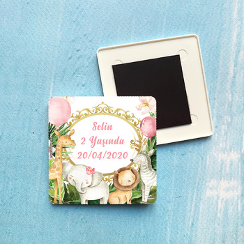 Pembe Safari Temalı Plastik Kare Magnet