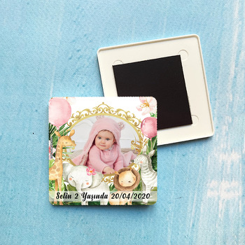 Pembe Safari Temalı Resimli Plastik Kare Magnet