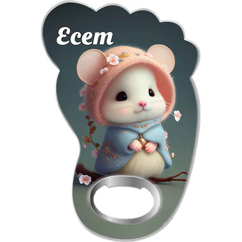 Pembe Şapkalı Beyaz Fare Temalı Ayak İzi Magnet Açacak