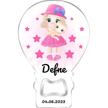 Pembe Şapkalı Kız ile Kedisi Temalı Balon Ahşap Magnet 