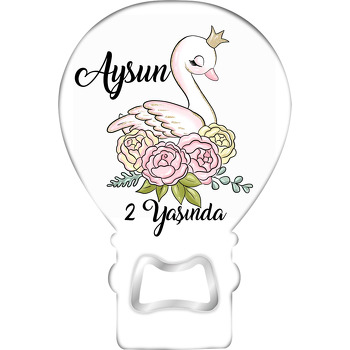 Pembe Sarı Güller ile Kuğu Temalı Balon Ahşap Magnet 