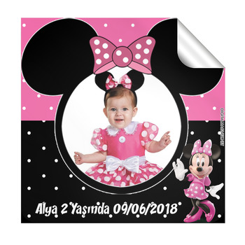 Pembe Siyah Mickey Temalı Kare Etiket