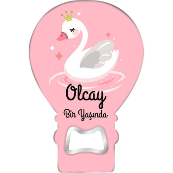 Pembe Su Dalgalarında Kuğu Temalı Balon Ahşap Magnet 