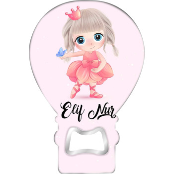 Pembe Taç ile Elbiseli Kız Temalı Balon Ahşap Magnet 