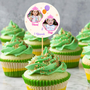 Pembe Taçlı İkiz ile Krem Fon Temalı Parti Kürdan Süs