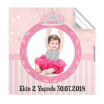 Pembe Taçlı Temalı Doğum Günü  Kare Etiket