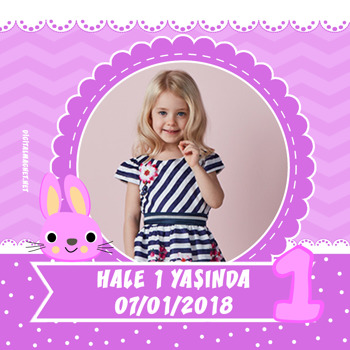 Pembe Tavşan Temalı 1 Yaş Doğum Günü   Kare Parti Afiş