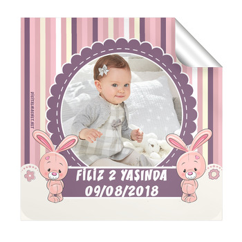Pembe Tavşan Temalı Doğum Günü  Kare Etiket
