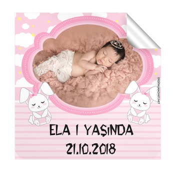 Pembe Tavşan  Temalı Kare Etiket